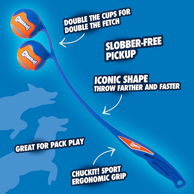 Chuckit! The Duo 22M Double Launcher Dog Toy, 22" Length, Includes 2 Medium Tennis Balls (2.5") Size Medium for Breeds 20-60lbs, for Multi-Dog and Pack Play, Launches Two Balls at Once