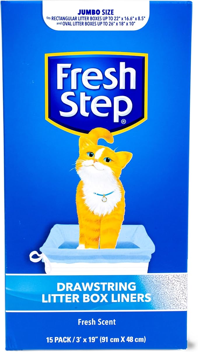 Fresh Step Jumbo Drawstring Cat Litter Box Liners Scented Heavy Duty Kitty Litter Bags X-Large Oval or Rectangle Pans Easy Lift Out Cleanup 36 x 19 IN 15 Count 12 Pack Scented Bulk Multi-Pack