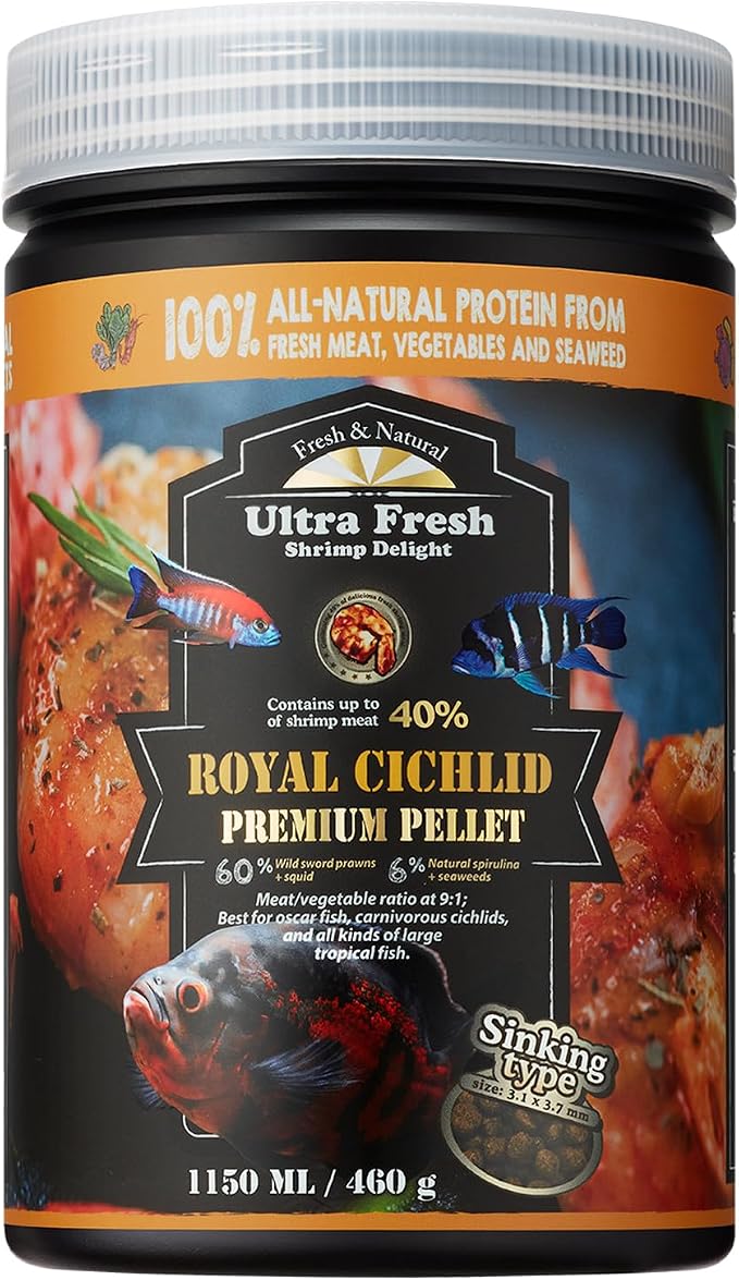 Royal Cichlid Premium Sinking Fish Food, Wild Sword Prawns, All Natural Ingredients, Carnivore Pellets for Large Tropical Fish, 16 oz
