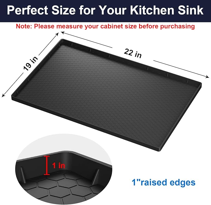 Under Sink Mats for Kitchen Waterproof - 22" x 19" Waterproof Kitchen Cabinet Mat - Flexible Silicone Under Sink Liner - Bathroom Cabinet Mat and Protector for Drips Leaks Spills (Black)