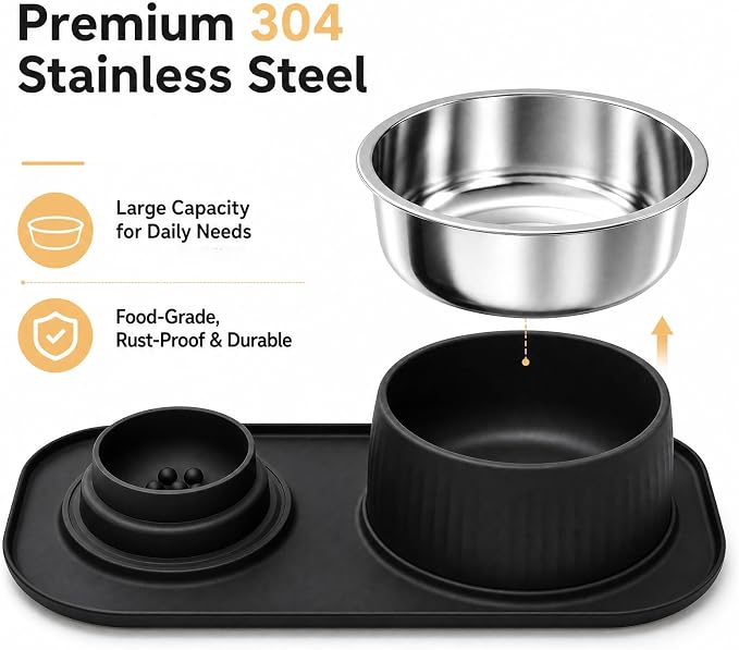 2-in-1 Dog Licking Bowl with Rolling Ball, Stainless Steel Dog Bowls & No-Spill Silicone Lick Mat for Dogs, Wet Dry Separation Dog Slow Feeder Puzzle Licking Toy for Dogs and Cats