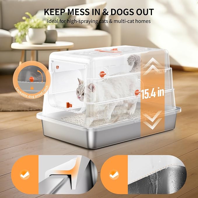 Stainless Steel Cat Litter Box with Lid, Extra Large Enclosed Metal Litter Pan with High Sides, Full Flip Cover Litter Box for Large Cat, Include Scoop & Step, Leak Proof Easy Clean Odor Control,White
