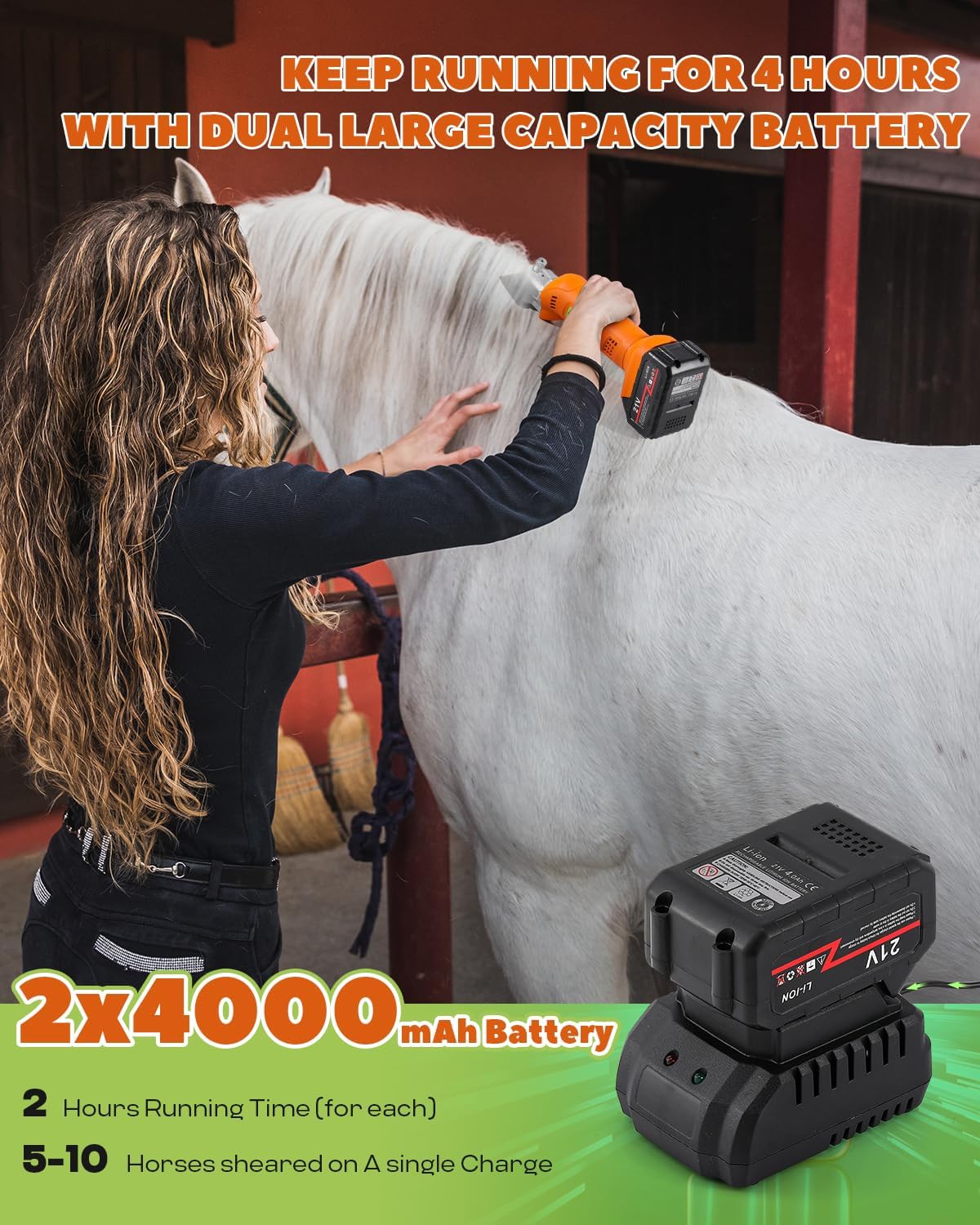 Horse Clippers Cordless, Heavy Duty Horse Grooming Kit, 6-Speed Professional Livestock Clippers with 2PCS 21V 4Ah Lithium Battery for Shaving Horse Pony Cattle Large Dogs