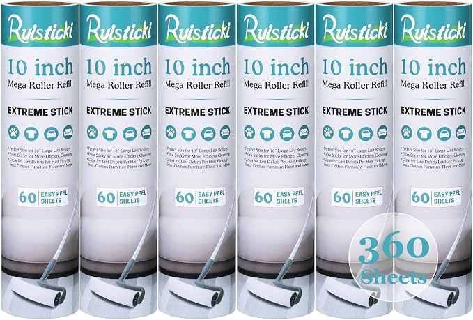 10 inch Large Lint Roller Refill Compatible with Evercare Layers Smart Design Mega Lint Rollers for Pet Hair Extra Sticky 60 Sheets per Refill, 6 Pack, 360 Sheets Total