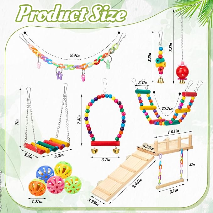 12 Pcs Parakeet Cockatiel Bird Toys, Parrot Swing Chewing Hanging Toys, Colorful Style Parrots Cage Accessories, Interactive Chew & Climb Play Set (Basic Style)