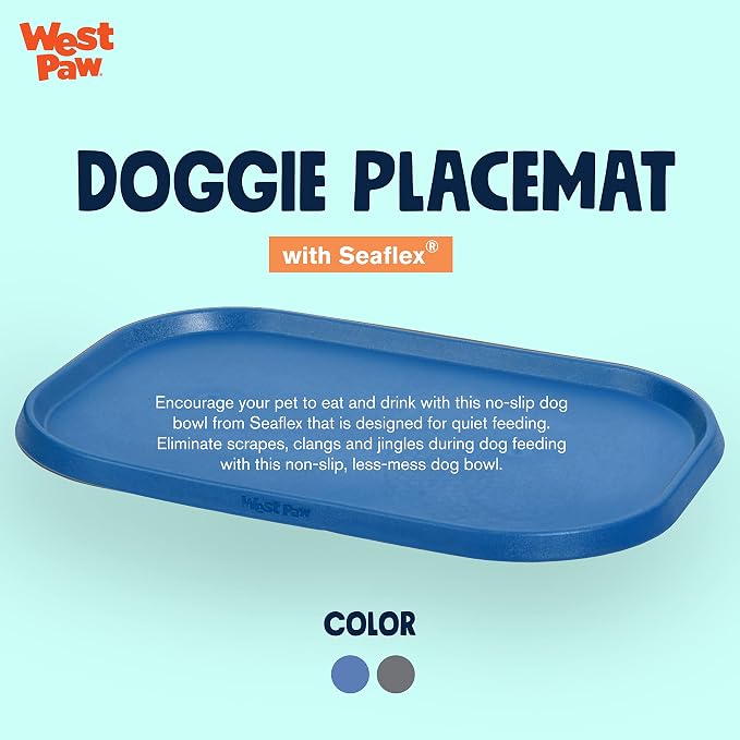 West Paw Seaflex Doggie Placemat – Less Mess Placemats for Dogs, Cats, Pets for Quiet Feeding – Eco-Friendly – Dishwasher Safe, Non-Toxic, Non-Slip – Raised Edges to Hold Dog Bowls, Marine