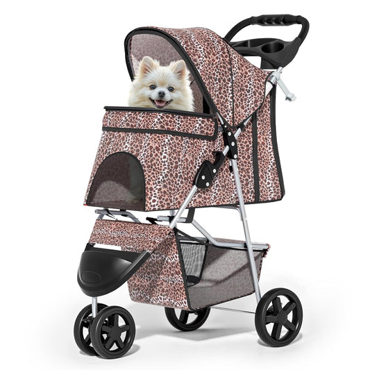 MoNiBloom 3 Wheels Pet Dog Cat Stroller for Small Medium Dogs Cats, Lightweight Foldable Jogger Stroller w/Storage Basket & Cup Holder, Leopard Print