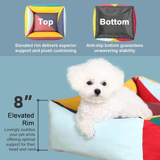 Cotton Canvas Dog Bed, Cute Dog Beds for Small Dogs, Puppy Bed with Washable Removable Cover, Durable 290 GSM Cotton Anti-Chewing Pet Bed with Anti-Slip Bottom (24"x20"x8", Red&Yellow&Green)