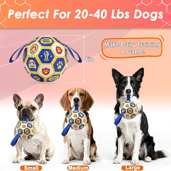 Vivifying Dog Toys Balls, 6 Inch Durable PU World Cup Soccer Ball for Small Medium Dogs, Interactive Training Toy for Indoor and Outdoor Tug-of-War