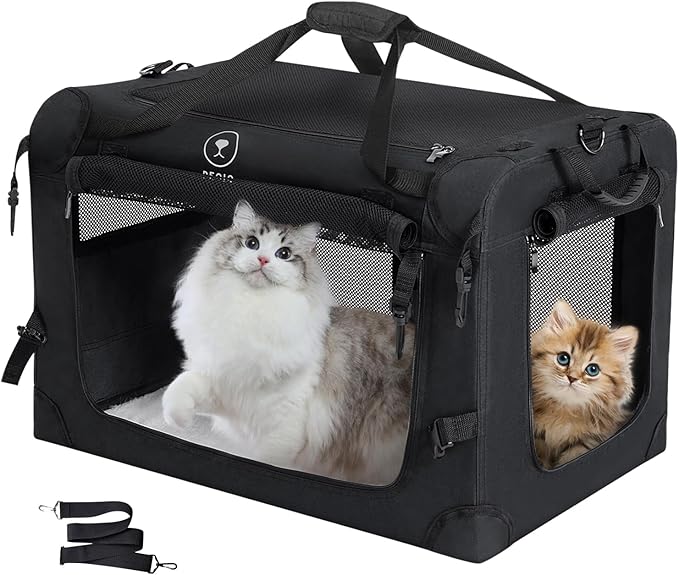 PEGIC Extra Large Cat Carrier, Black | Soft Sided Collapsible, For 2 Kittens or Large Cat, Up to 50lbs, Car Travel, Indoor and Outdoor Uses