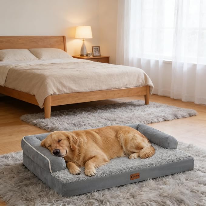 Orthopedic Dog Beds for Large Medium Sized Dogs, Waterproof Egg Crate Foam Large Dog Couch Beds with Comfy Bolster 36x27Inch, Washable Pet Beds with Removable Cover, Grey