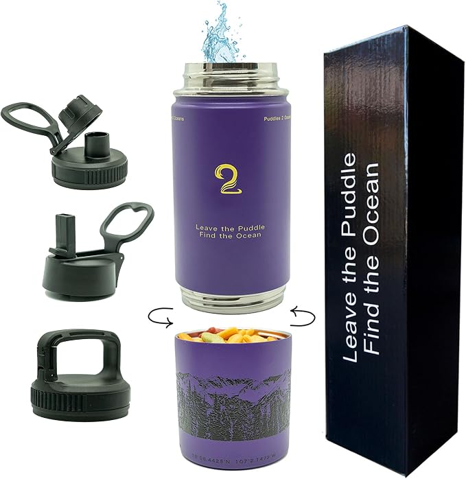 Stainless Steel Water Bottles, Coldest Water Bottle, Stackable Snack Containers for Kids, Insulated Water Bottle, Water Bottle with Snack Compartment, Sip N Seek (Purple)
