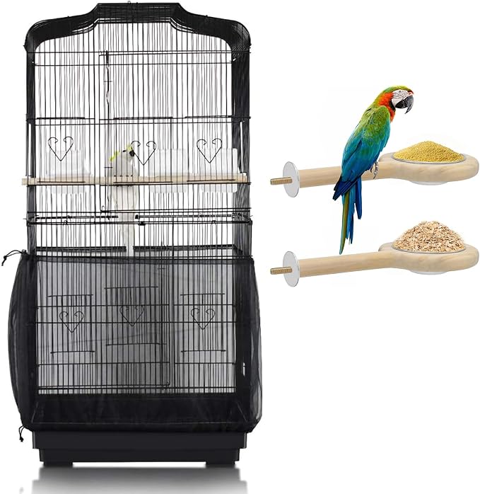 ASOCEA Bird Cage Seed Catcher and 2 Pack Bird Food Stainless Steel Cups Universal Bird Cage Cover Skirt, Adjustable Parakeet Cage Nylon Mesh Netting for Round Square Cages Prevent Scatter and Mess