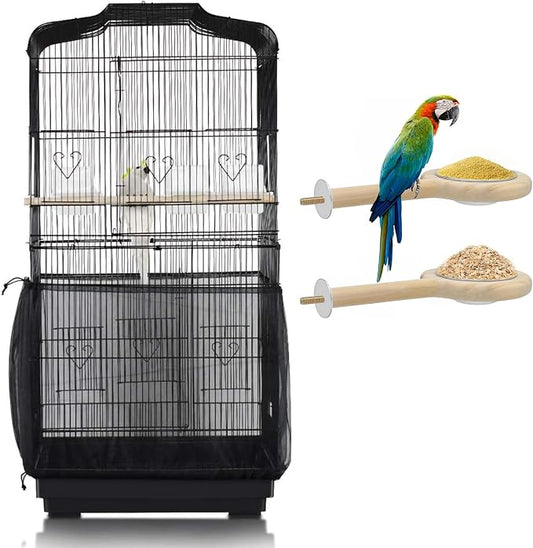 ASOCEA Bird Cage Seed Catcher and 2 Pack Bird Food Stainless Steel Cups Universal Bird Cage Cover Skirt, Adjustable Parakeet Cage Nylon Mesh Netting for Round Square Cages Prevent Scatter and Mess
