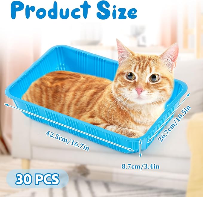 Tessco for you 30 Pack Disposable Cat Litter Boxes, Plastic Leakproof Litter Trays for Cats, Disposable Travel or Temporary Litters Pan for Kittens and Small Pets, 16.7 x 10.5 x 3.4 Inch(Blue)
