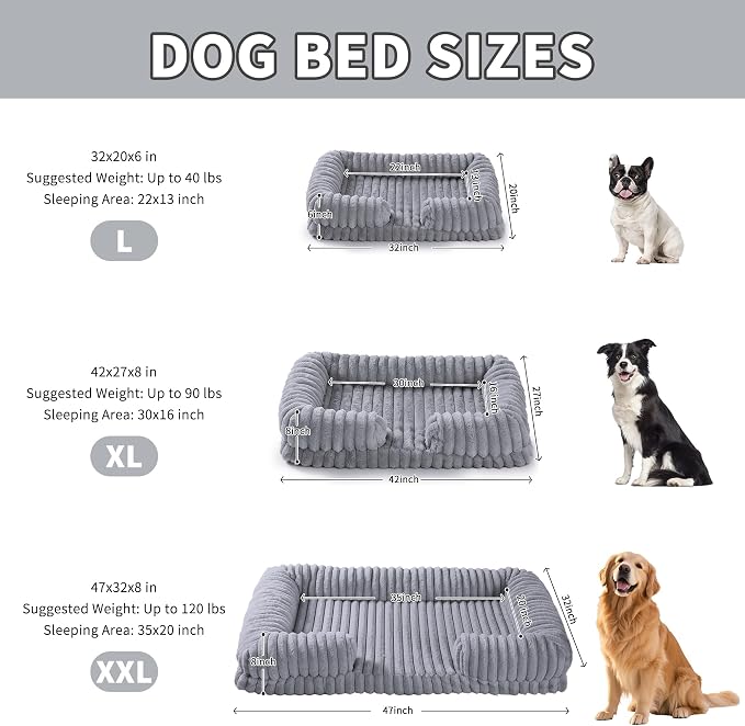 Orthopedic Dog Bed for Large Dogs 42x27x3 Inches Soft Striped Faux Rabbit Fur with Removable Washable Cover & Waterproof Lining, Egg Crate Foam, Gray
