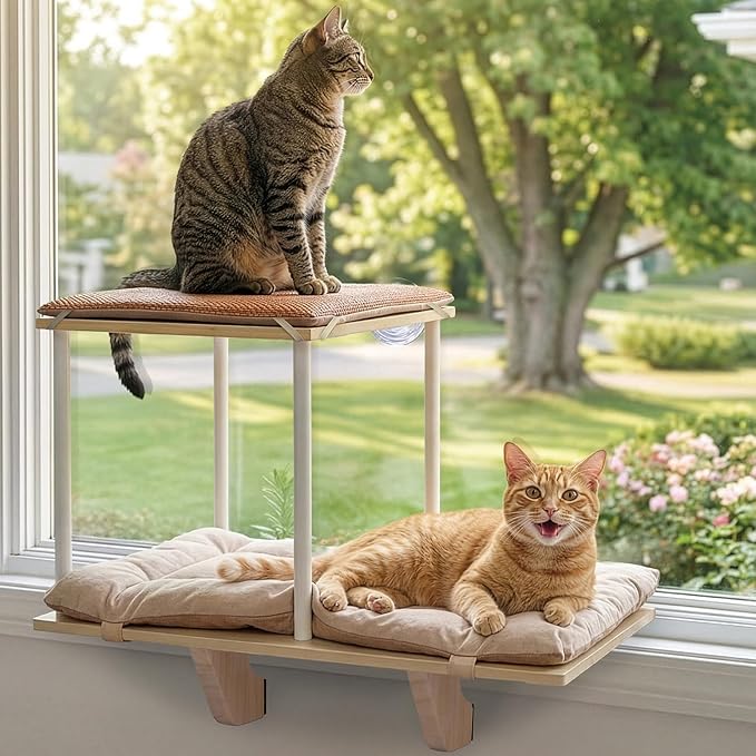 PETSFIT Cat Window Perch,Dual-Level Hammock with Suction Cups & Wooden Base, Supports Large Cats & Multi-Cat Families, Reversible Cushions, Tool-Free Installation