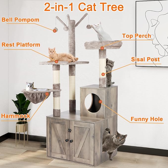 Timberer Litter Box Enclosure with Cat Tree, 2-in-1 Cat Tree Tower, Hidden Cat Litter Box Furniture with Scratching Post, Modern Cat Condo, Grey