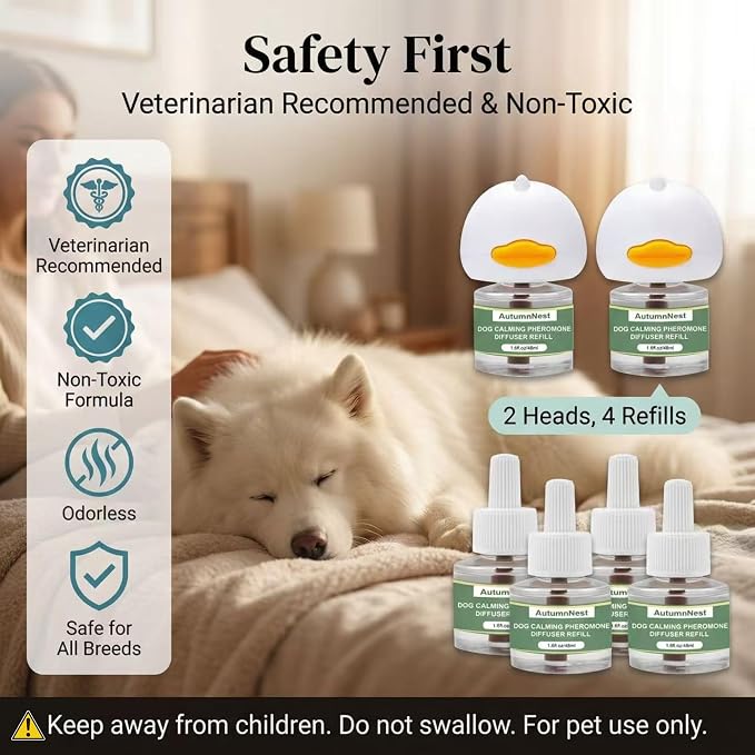 New Upgrade Dog Pheromone Calming Diffuser Kit, Calming Diffuser for Dog (2 Plug-Ins & 4 Refills) for Stress Support, Helps Reduce Barking & Aggression, 120-Day Supply (Non-Toxic, Safe & Inedible)