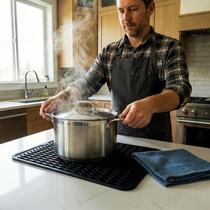 MicoYang Silicone Dish Drying Mat — Quick-Dry Ridges Counter & Sink Pad, Heat-Resistant Trivet to 450°F, Non-Slip & Dishwasher Safe, Roll-Up Storage, 18 Colors & 9 Sizes (Black, 16"×12")
