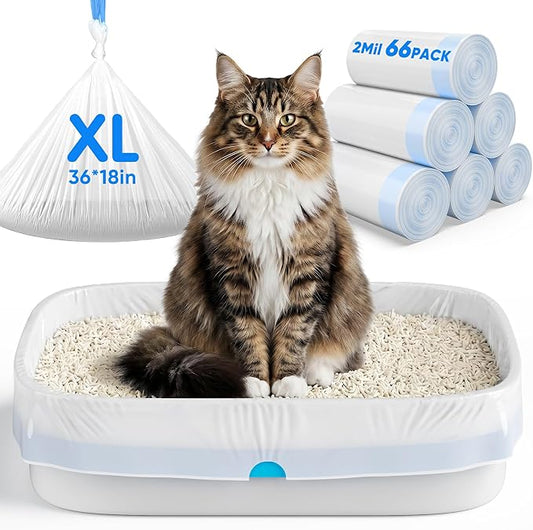 66 Count Jumbo Litter Box Liners 36" X 18",2mil Pre-Separated Cat Litter Bags with Heavy Duty Drawstring,Extra Thick Leakproof Cat Pan Liners for Kitty Box