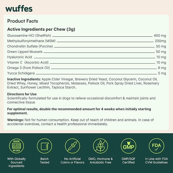Wuffes Advanced Dog Hip and Joint Supplement with Glucosamine, Chondroitin, Omega 3, MSM, and Green Lipped Mussel, 120 Pork Flavored Chews for Small Dog Breeds