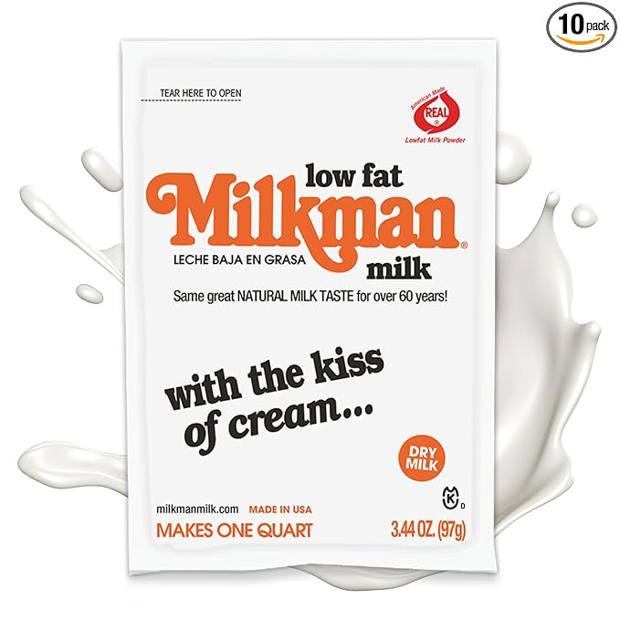 Milkman Low-Fat Milk - Instant Dry Milk Powder Packets - For Coffee, Baking, or Travel - Just Add Water, Makes One Quart - Classic, Natural Taste with the Kiss of Cream! (10 Pack)