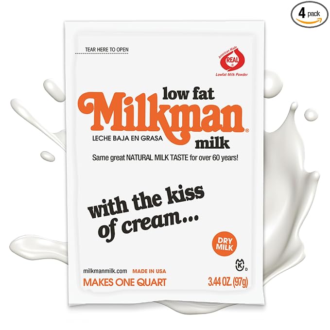 Milkman Low-Fat Milk - Instant Dry Milk Powder Packets - For Coffee, Baking, or Travel - Just Add Water, Makes One Quart - Classic, Natural Taste with the Kiss of Cream! (4 Pack)