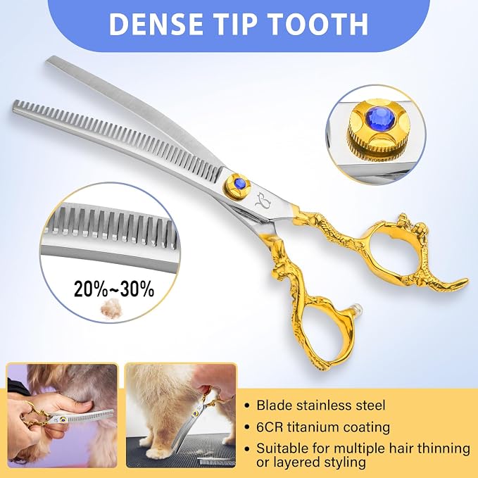 Dog Grooming Scissors,Dragon Curved Chunkers Shears and Curved Thinning Shears Deg Grooming with Safety Round Tips, Sharp and Comfortable 4 in 1 Dog Scissers for Grooming