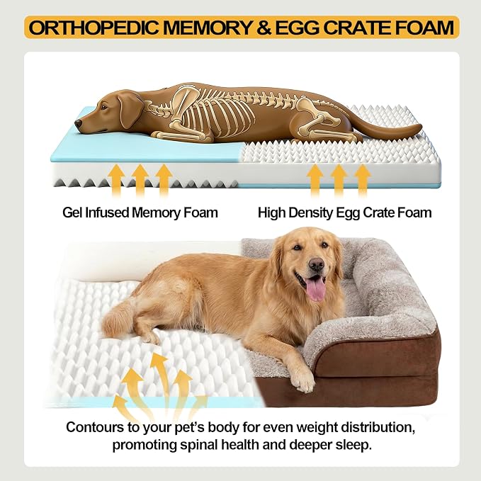 Orthopedic Dog Bed for Medium Dogs - Gel Memory Foam Pet Bed with Waterproof & Washable Cover, Contoured Bolster Design for Dogs & Cats (Brown, 30.0" L x 20.0" W x 6.3" Th)