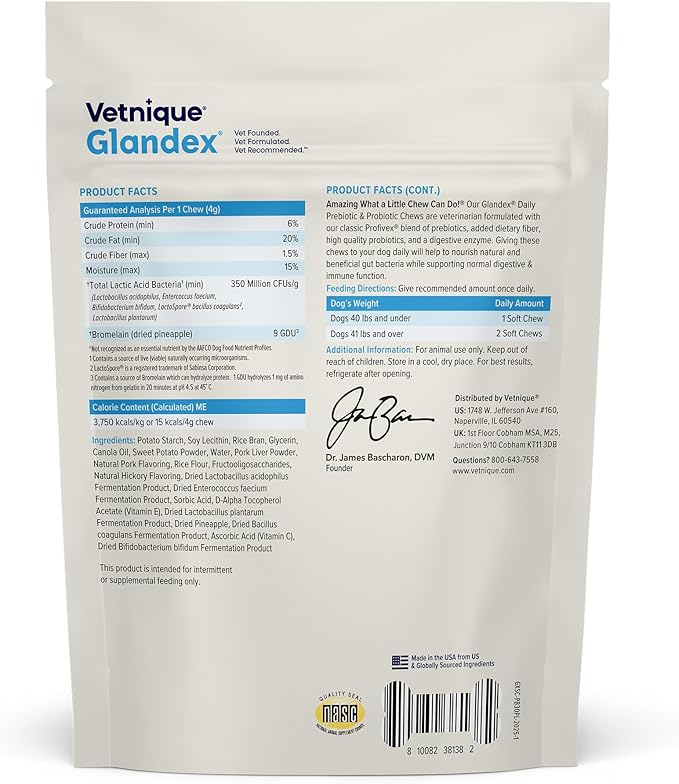 Vetnique Glandex Dog Probiotic Chews, Daily Probiotics for Dogs 5 Strains, Prebiotics & Digestive Enzymes for Gut & Immune Health, Vet Formulated for Occasional Diarrhea (30ct Chews, Probiotic Chews)