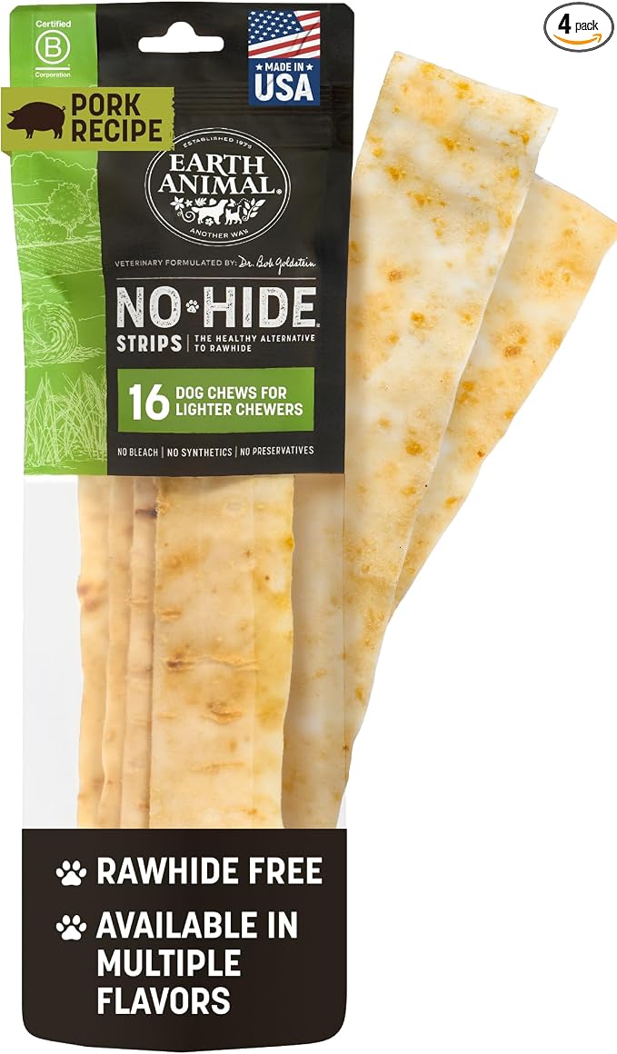 Earth Animal No Hide Strips - Natural Rawhide Free Dog Chew Strips, Pork - 16 Count