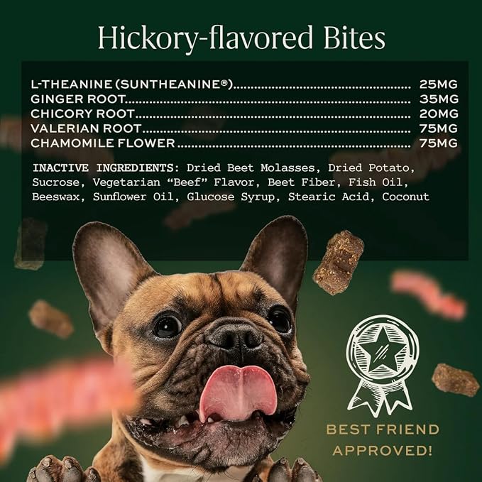 Dog Calming Treats, All Natural Holistic Dog Anxiety Relief Bites, Hickory Bacon Flavor, Stress Reducing, 210g (60 Chews, Hickory Bacon) (60 Chews with Premium Metal Tin)