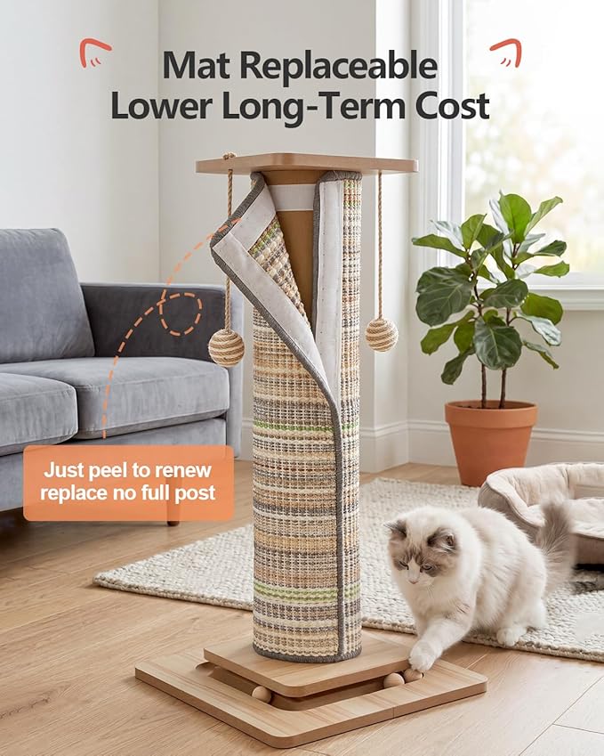 31" Extra Tall Cat Scratching Post, Natural Sisal Cat Scratcher for Indoor Cats Adults & Large Cats, Sturdy Wood Cat Tree Tower with Interactive Ball Track & Top Perch, Modern Design for Home Decor