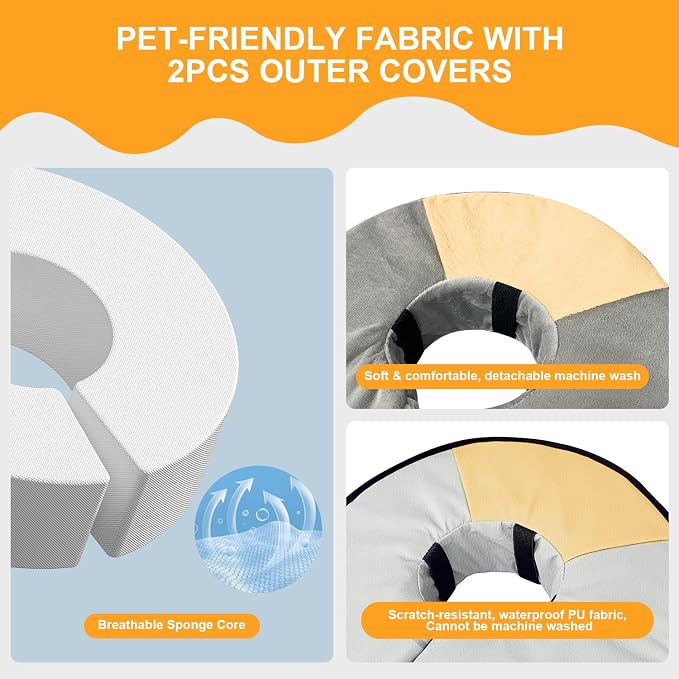 Sponge Core Dog Cat Cone Collar for After Surgery Recovery, Inflatable Dog Cone Alternative, Lainergie Dogs Donut Collar Adjustable with 2PCS Cover for Large Medium Small Dogs Cats (Grey+Yellow, XL)
