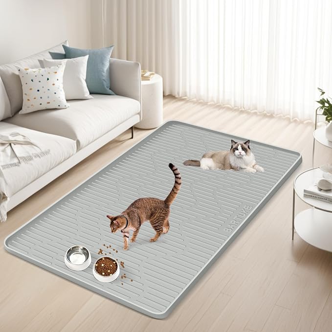 Silicone Cat & Dog Food Mat, 54" x 27.5" Extra Large Pet Feeding Mat for Cats and Dogs Bowl, Pet Placemat for Food and Water with Raised Edge, Waterproof, Leakproof (Grey)