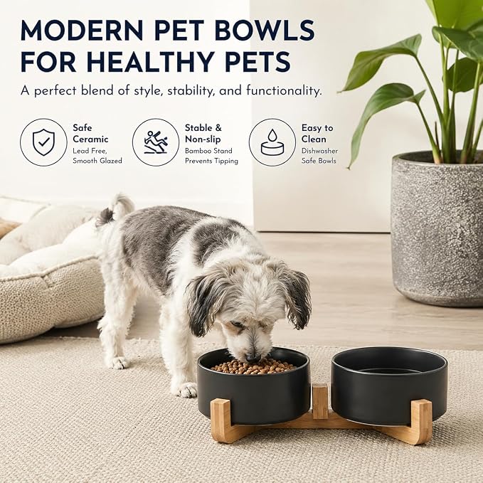 Petygooing Ceramic Dog Cat Bowls Set with Stand,Black Pet Food and Water Bowl,Small Dog Bowls Cute Modern Anti Slip Set of 2 Pet Feeder Small Size Pet Dish(13.5OZ/5.1 in)