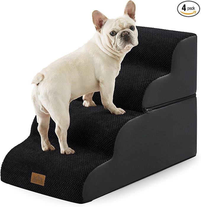 COZY KISS Detachable Curved Dog Stairs 19.7" H, 4 Step Small Dog Step for Puppy or Older Cat, Ramp for Bed, Sofa, Couch or Chair, Ladder with High Density Foam, 17.7x28.3x19.7 inch, Black