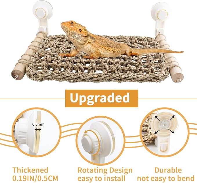 FlidRunest 13.3 x 7.8 in Seagrass Bearded Dragon Hammock for Window, Lizard Window Perch, Reptile Hammock Perch with Powerful Suction Cups for Lizard, Leopard Gecko, Chameleon