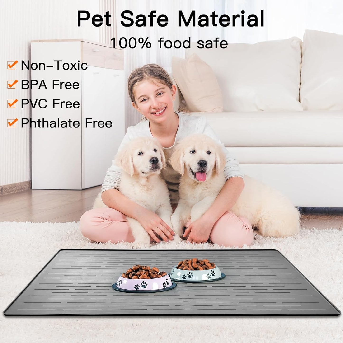 32" x 24" Large Pet Food Mat, Silicone Dog Mats for Food and Water, Nonslip Pet Feeding Mats for Floors,Dog Cat Bowl Mat with Raised Edges, Gray Green