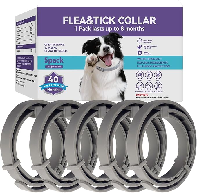 Wiiks&Wooks Flea and Tick Collar for Dogs, 5 Packs Flea Collar for Dogs for 40 Months Protection, Waterproof & Adjustable Flea and tick Prevention Collar for Small Medium Large Dogs & Puppies, Grey