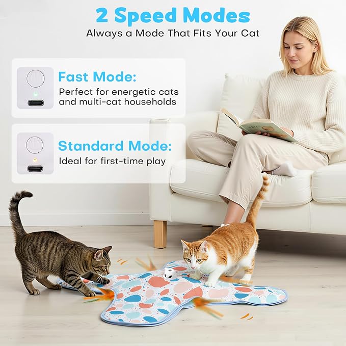 Interactive Cat Toys, Hide and Seek Cat Toy, 2 in 1 Automatic Moving Concealed Feathers for Indoor Cats, Non-Slip Suction, Touch Activated, USB Rechargeable, Blue