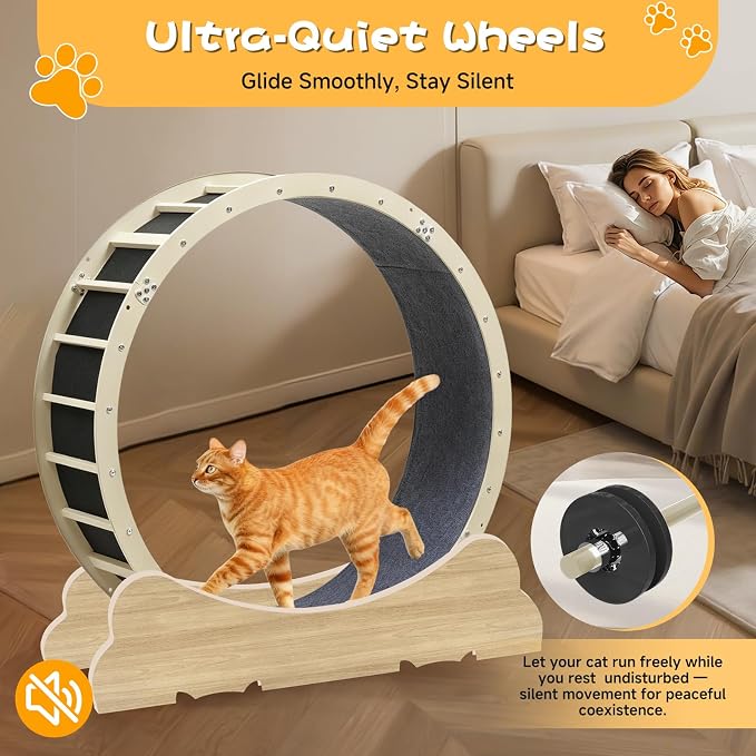 GTPLAYER Cat Wheels, Large Cat Exercise Wheel for Indoor Cats, 40" Diameter cat Treadmill Detachable Carpet & Teaser, Stickers, Ultra-Quiet Scroll Wheel with Latch, Metal, Woodgrain Ears-2 Style