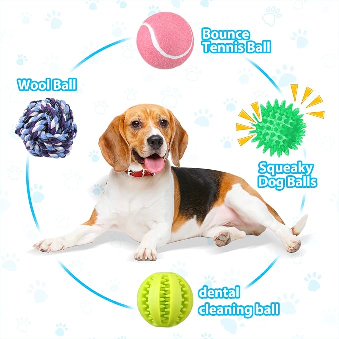 Skylety 30 Pcs Puppy Teething Toys for Small Medium Breed Includes 2.5 Inch Tennis Balls Squeaky Rubber Chew Toys and Treat Balls for Dogs Teething and Intellect Training