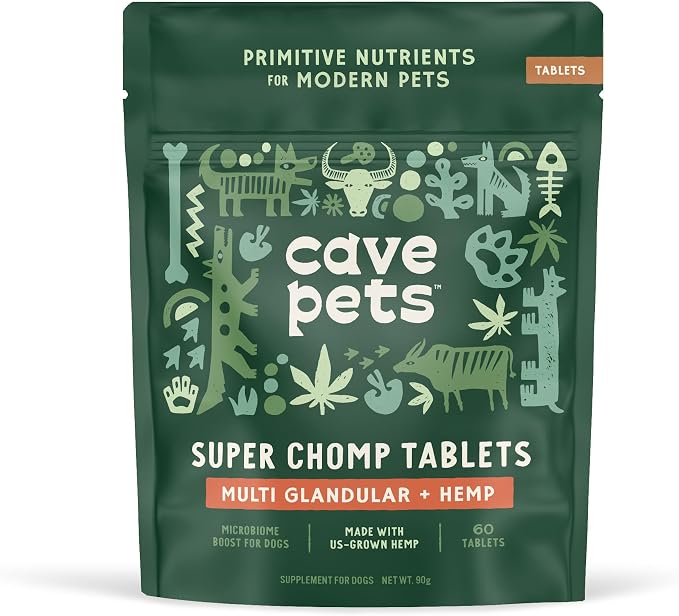 Cave Pets, Super Chomp Tablets, Dog Probiotic Supplement for Digestive Health and Natural Relaxation, Multi-Glandular & Hemp, 60 Tablets
