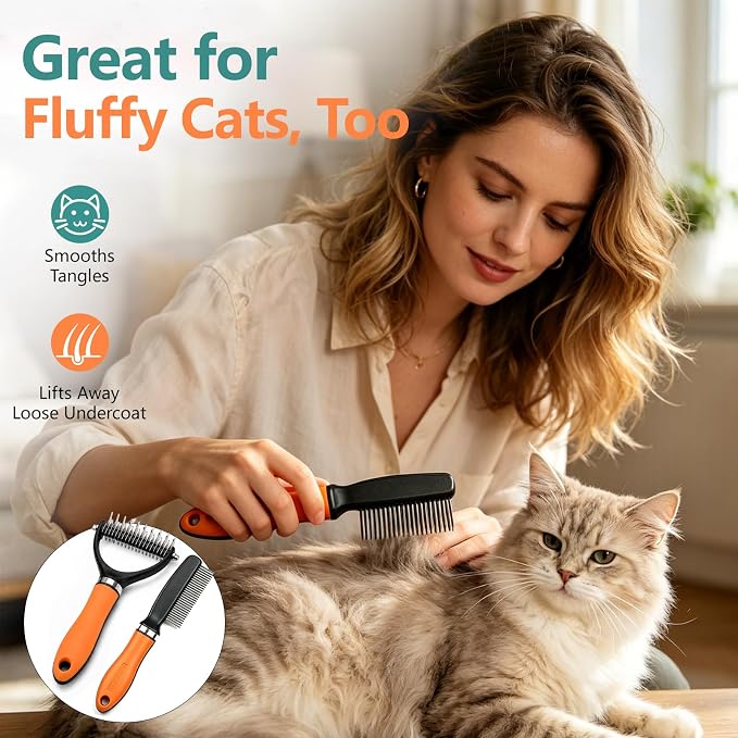 Dog Brush and Cat Deshedding Rake, Pet Grooming Tool for Shedding with Rounded Stainless Steel Teeth, Comfortable Grip for Long or Thick Coats (Orange with Comb)