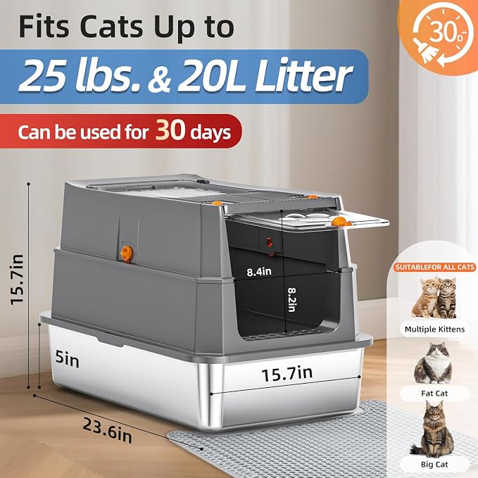 Stainless Steel Litter Box with lid,165° Flip-Top Large Enclosed Cat Litter Box with Metal Litter Scoop & Cat Litter Mat.Non-Sticky, Non-Odor, Easy Cleaning-Dark Grey