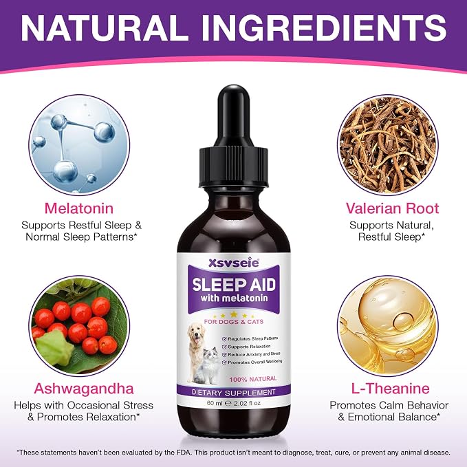 Liquid Melatonin for Dogs & Cats, 60ml Dog Melatonin Calming Drops with L-Theanine, Cat Calming Dog Sleep Aid Support Anxiety Relief for Travel, Separation, Barking, Fireworks (60ml (Pack of 2)