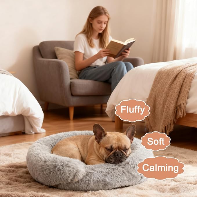 Calming Dog & Cat Beds with Orthopedic Egg-Crate Foam Raised Rim, Soft Fluffy Faux Fur Pet Bed for Small Medium Dogs, Anxiety Relief Spine Support, Machine Washable (Round, Pale Grey 20")