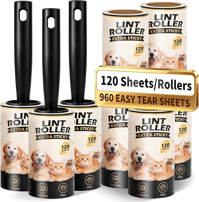 Extra Sticky Lint Rollers for Pet Hair Removal, 3.9 Inch Rolls Size 8 Rollers 960 Sheets (120 Sheets/Roll), Pet Hair Lint Roller for Clothes Furniture Carpets Dog Cat Fur